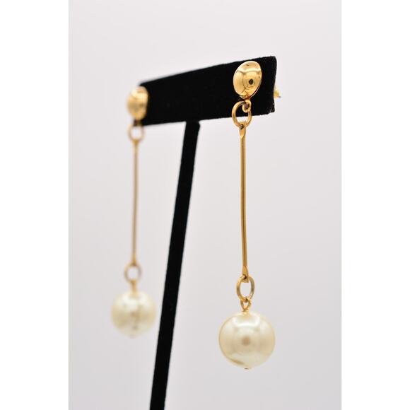 Vintage Dangle Earrings Long Round Faux Pearl Drop White Chunky 1990s BinZ - Picture 2 of 12